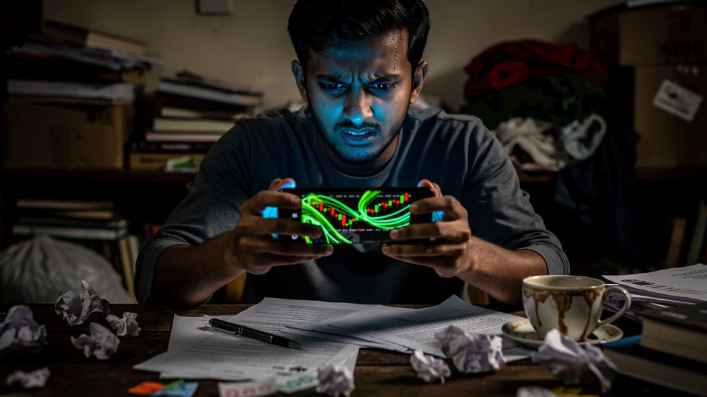 Stressed young man making impulsive trading decisions late at night