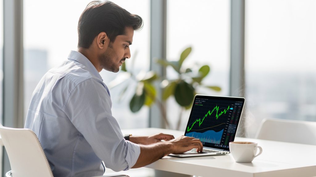 Young Indian investor setting ETF goals on laptop