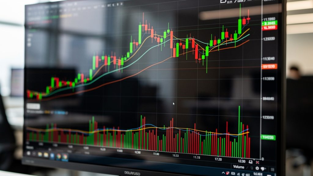 Close-up of live candlestick stock chart on trading screen