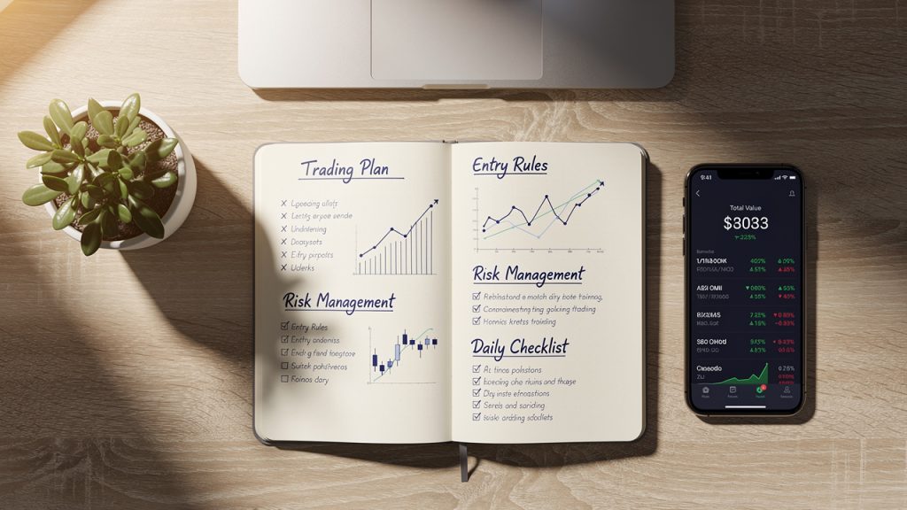 Handwritten trading plan notebook and smartphone on wooden desk