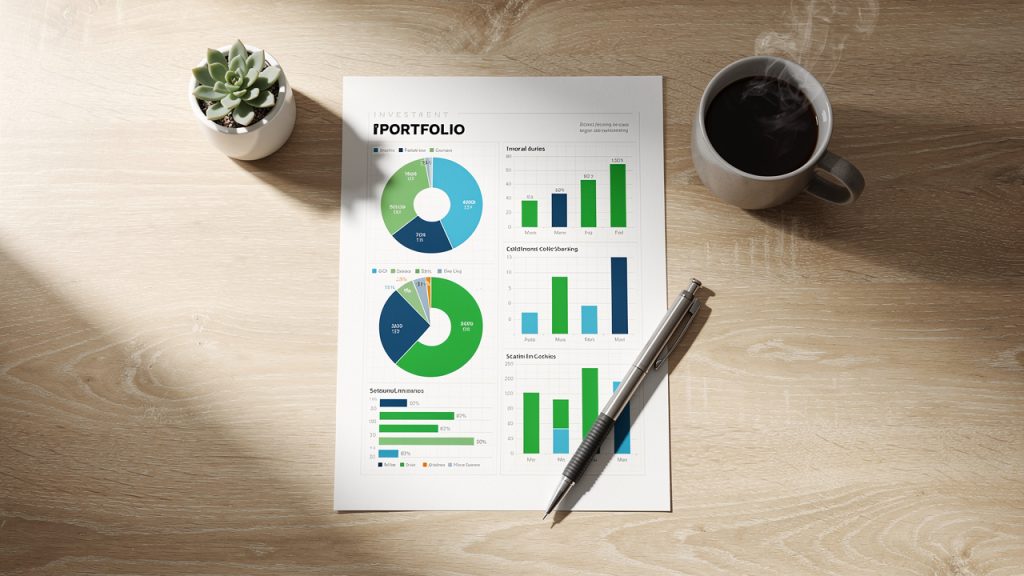 Investment portfolio plan with diversified charts on desk