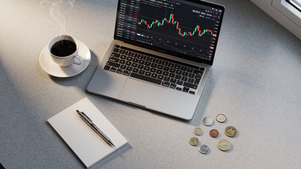 Investor analyzing penny stock charts on a laptop