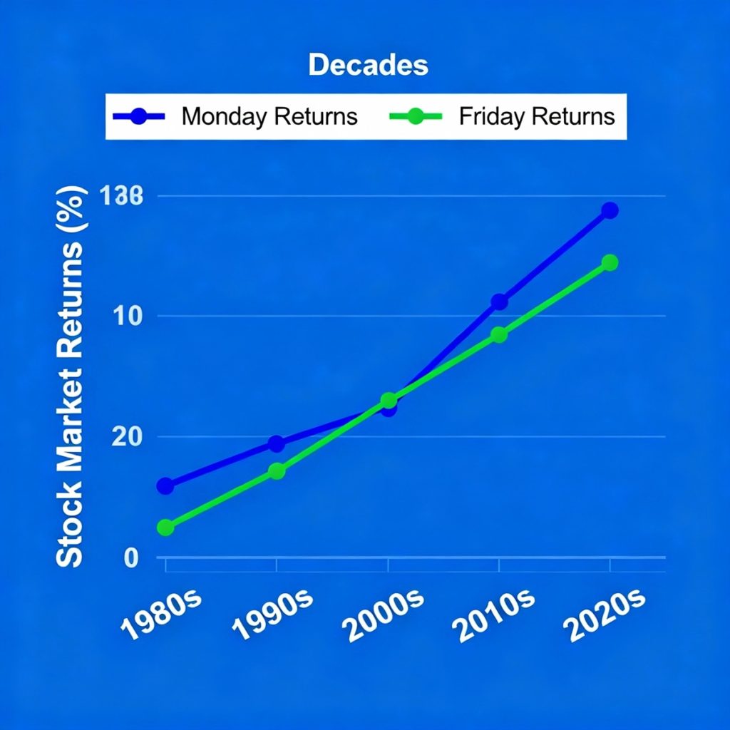 Line chart of Monday vs Friday returns through decades