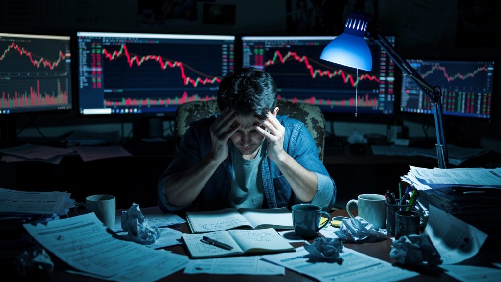 Stressed investor reacting emotionally to falling stock prices