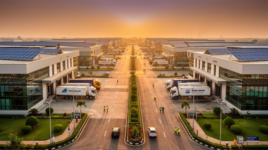 Modern Indian industrial park with multiple manufacturing facilities