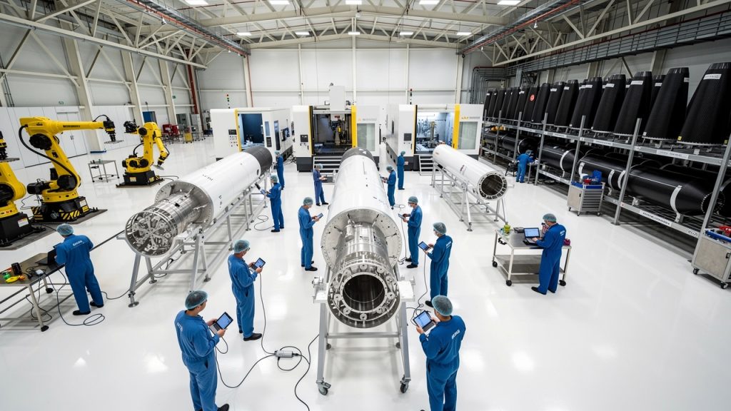Rocket Lab engineers assembling Electron rocket in facility