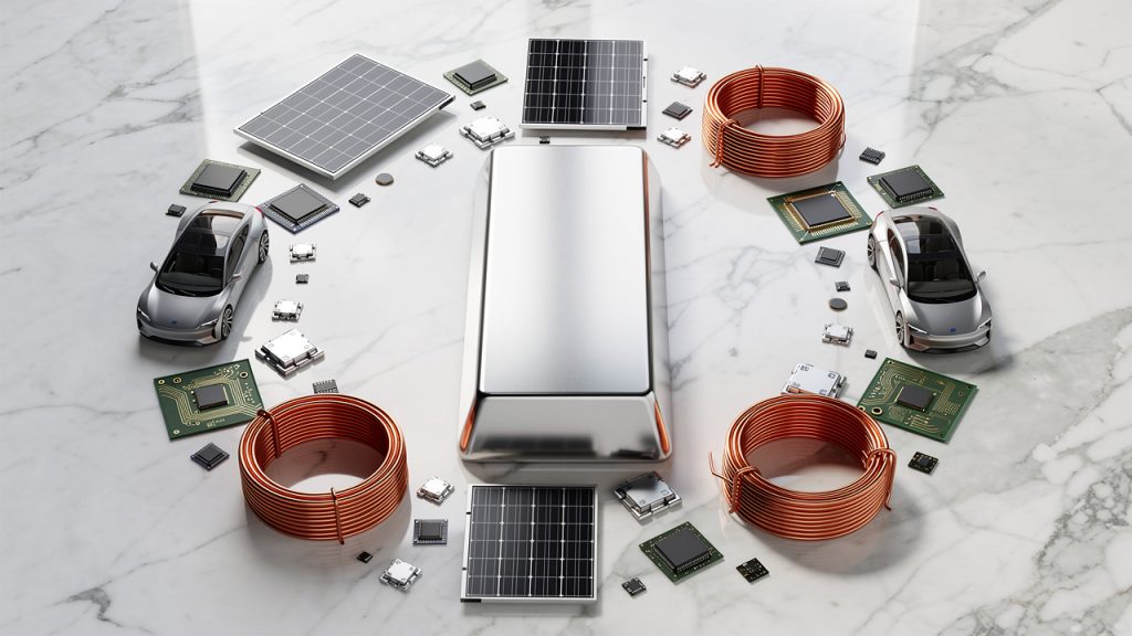 Silver bar surrounded by solar panels and EV components showing industrial demand